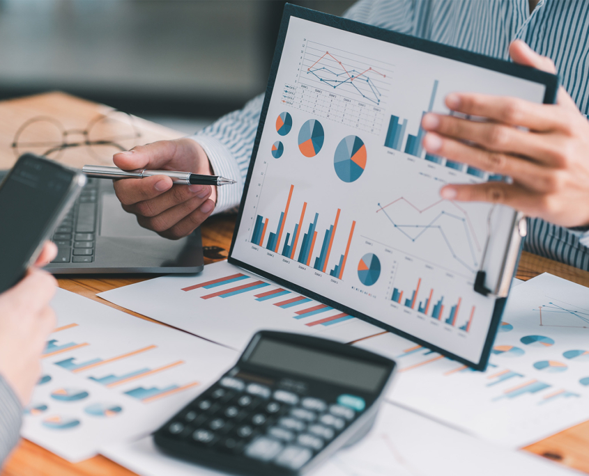 Finance manager meeting discussing company growth project success financial statistics